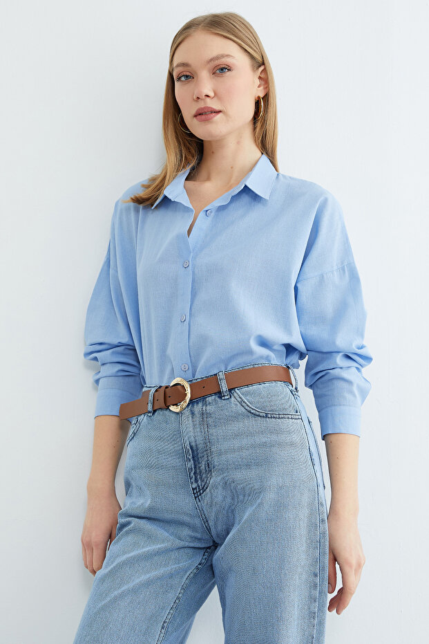 Basic Keten Görünümlü Oversize Gömlek - 2