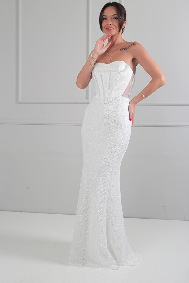 Women's Strapless Bustier Beaded Embroidered Lined Mesh Long Dress