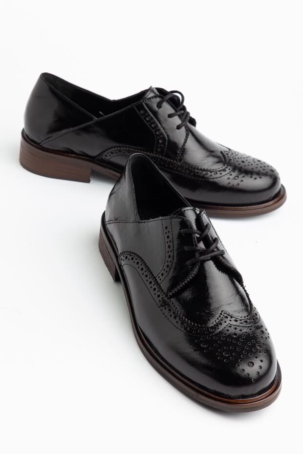 Women's Black Patent Leather Genuine Leather Lace-Up Loafer Shoes