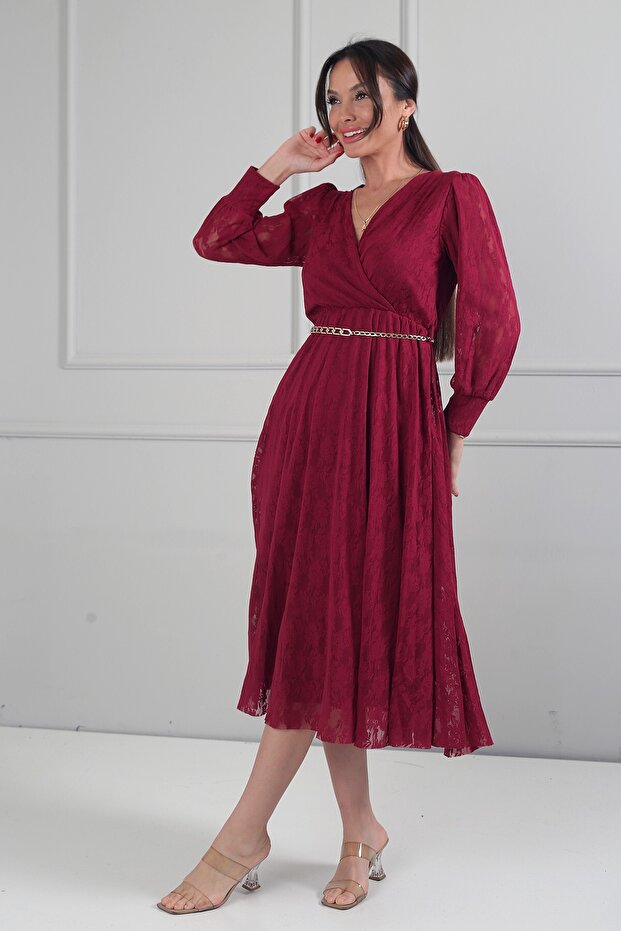 Women's Double Breasted Collar Lined Long Sleeve Lace Midi Dress
