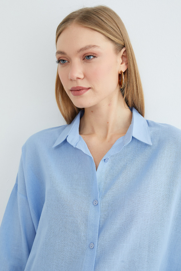 Basic Keten Görünümlü Oversize Gömlek - 7