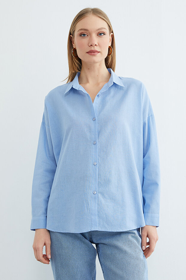 Basic Keten Görünümlü Oversize Gömlek - 4