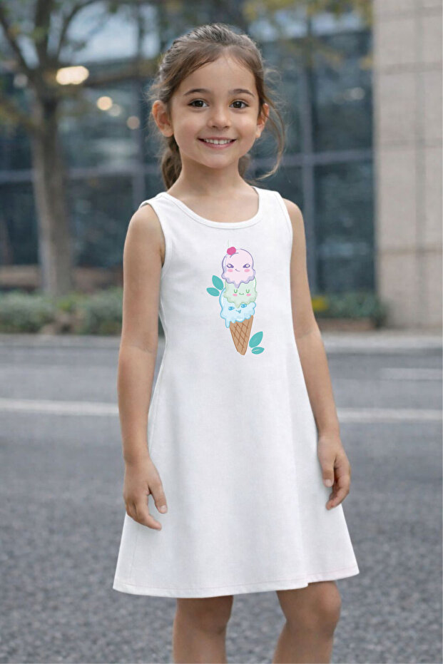 Girls' Summer Dress with Ice Cream Print