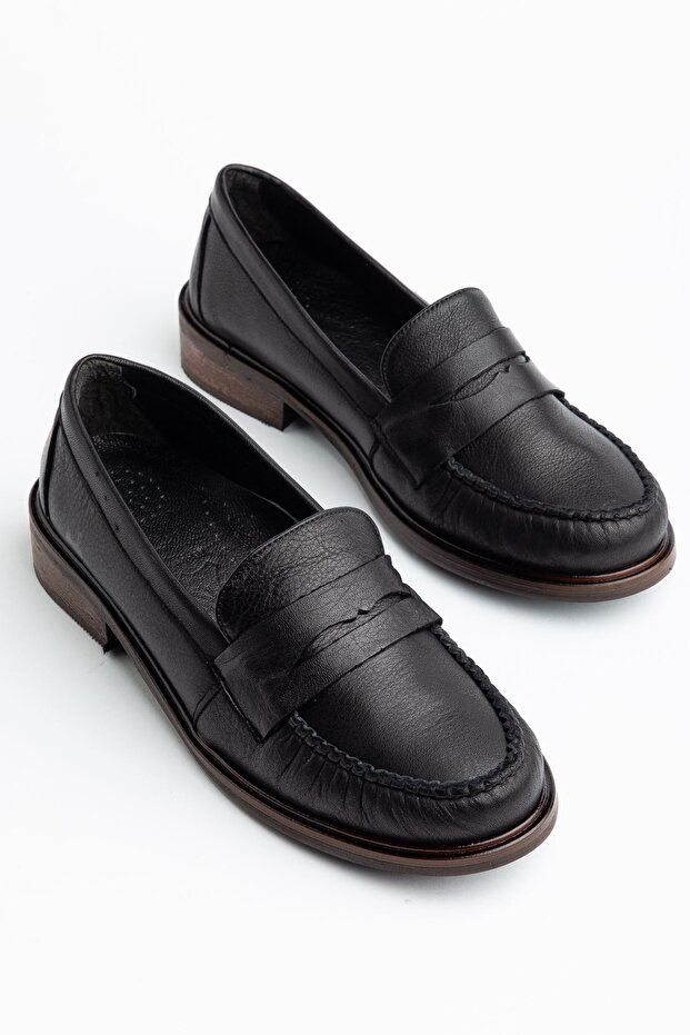Women's Black Classic Genuine Leather Loafer Shoes