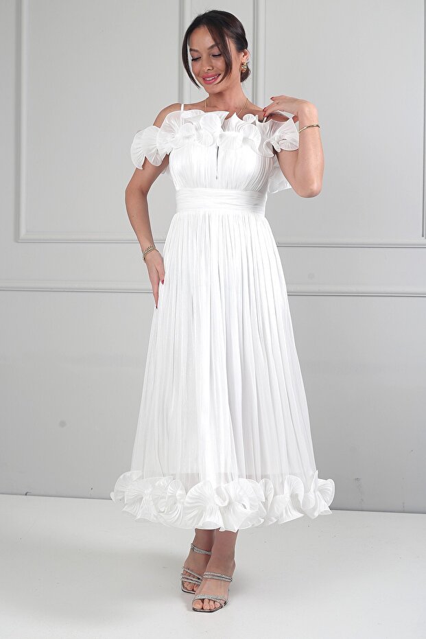 Women's Chiffon Fabric Ruffle Detail Midi Dress