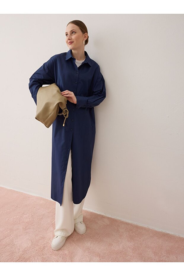 Poplin Kumaşlı Uzun Basic Gömlek - Lacivert - - 2