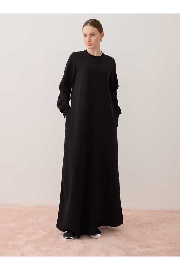 Cep Detaylı Basic Tesettür Elbise - Siyah - - 1