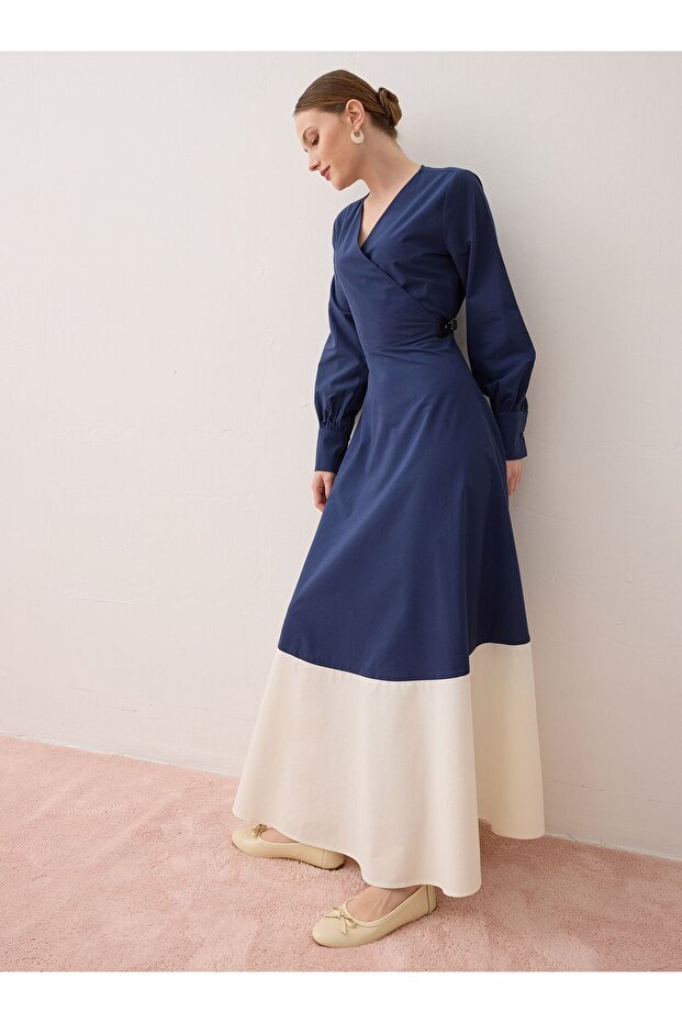 Contrast Color Detailed Belted Dress - Navy Blue - - Exclusive