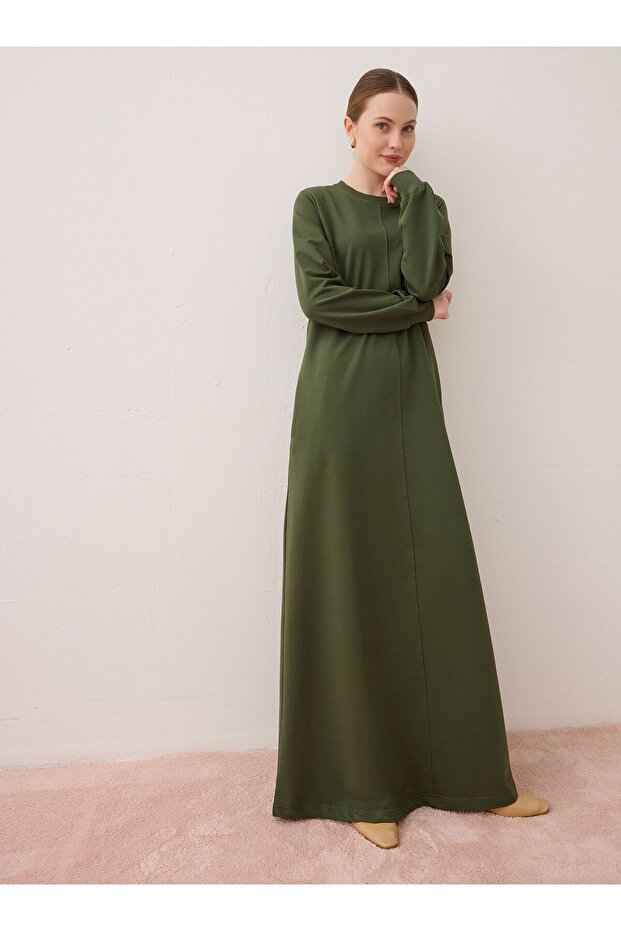 Cep Detaylı Basic Tesettür Elbise - Haki - - 6