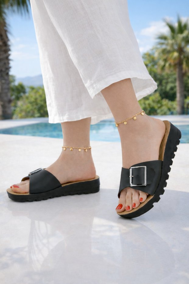 Women's Slippers with Wedge Heel for Daily Use with Buckle