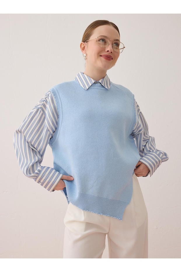 Triko Basic Süveter - Mavi - - 3