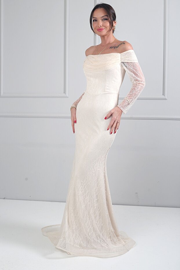 Women's Boat Neck Draped Lined Long Sleeve Lace Mermaid Dress