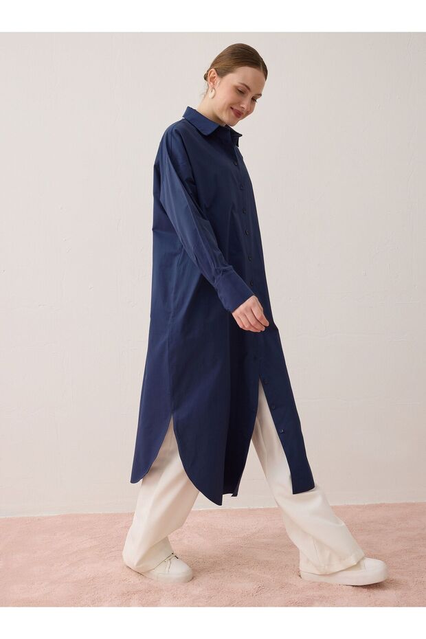 Poplin Kumaşlı Uzun Basic Gömlek - Lacivert - - 3