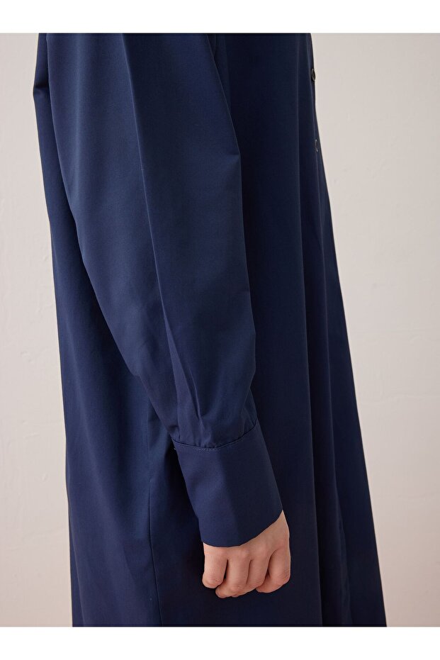 Poplin Kumaşlı Uzun Basic Gömlek - Lacivert - - 4