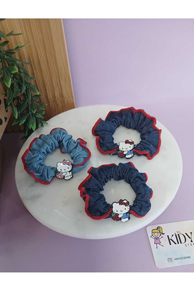 Hello Kitty Figured Scrunchie Rubber Hair Tie – Denim Fabric Stylish Hair Accessory (1 Piece)