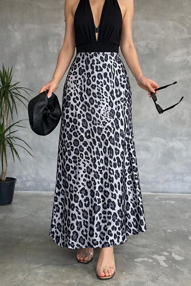 Women's Gray Leopard Printed High-Waist Maxi Long Skirt