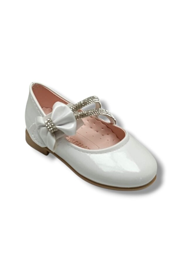 7050-26 Patent Leather Stoned Double-Strapped Girls' Ballerinas 21-25