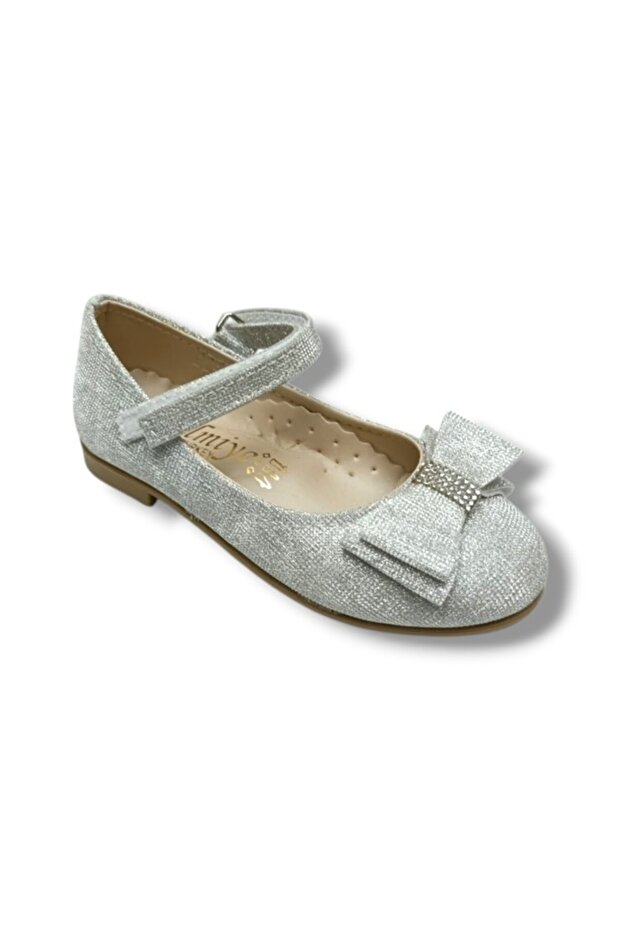 7252-26 Glittery Leather Stoned Bow and Velcro Tape Girls' Ballerinas 31-36