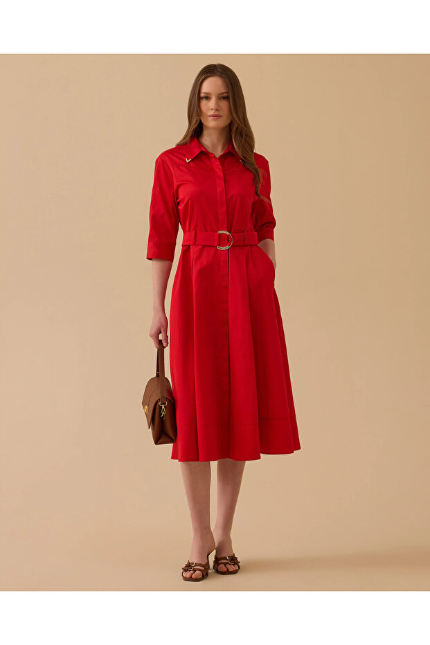 Kemerli Pile Detaylı Elbise - 1