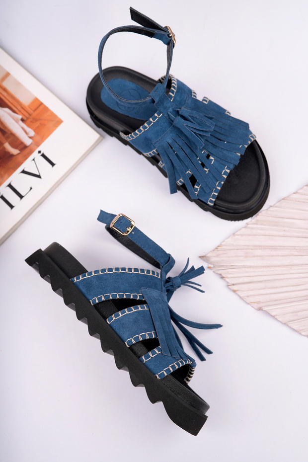 Rayn Model Genuine Leather Denim Blue Tasseled Inner Fuspetted Saraç Knitted Ankle-Strapped Women's Sandals