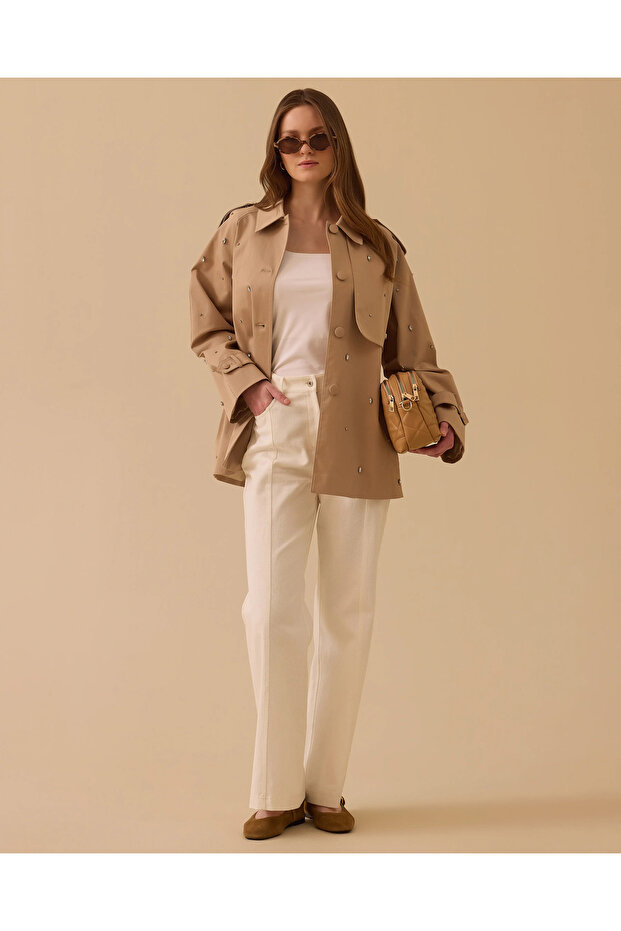 Taşlı Oversize Trençkot - 3