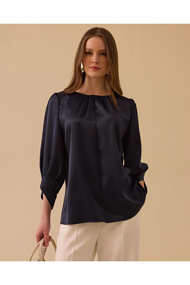 Collar Gathered Satin Blouse