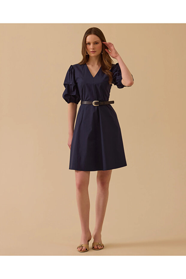 V Yaka Balon Kol Mini Elbise - 3