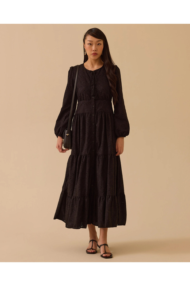 Sıfır Yaka Brode Elbise - 1