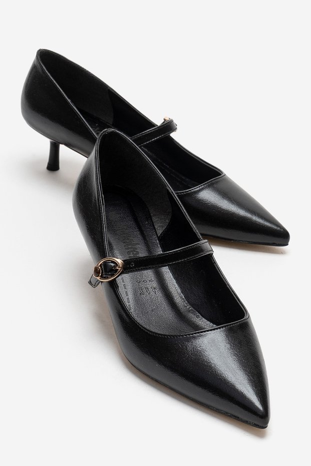 Thin Heeled Buckle-Strapped Women's Pointed Heeled Shoes Black Wrinkled