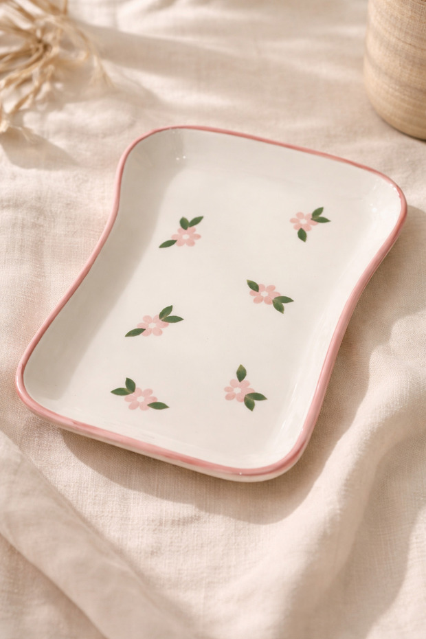 طقم أطباق تقديم مستطيلة من السيراميك بنقشة زهور وردية مكون من قطعتين - 2