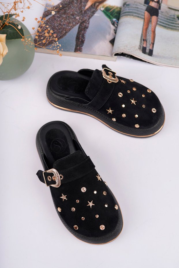 Aura Model Genuine Leather Black Fastened Trop Detail with Buckle Thick Sole Women's Slippers