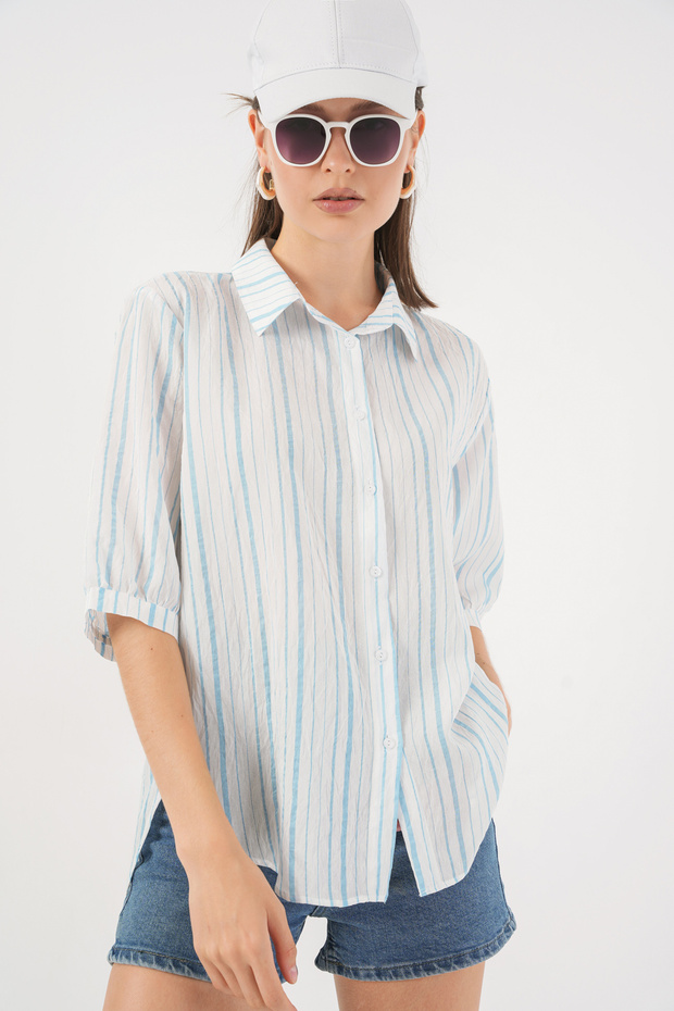Women's Striped Short Sleeve Shirt 1357 - A.Blue