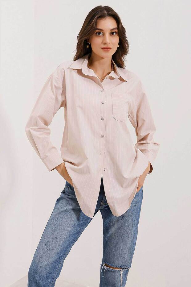 Women's Pocket Detailed Striped Oversize Shirt 1029 - Beige