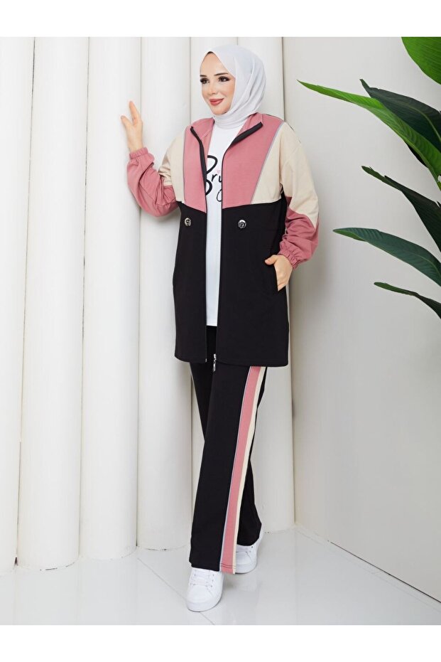 Women's 3-Piece Tracksuit Set Two-Thread Cotton N-05497 _ Black-Pink