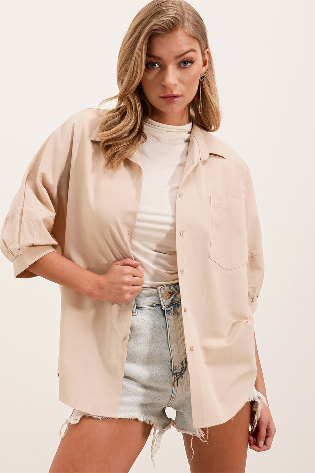 Women's Single Pocket Striped Oversize Shirt 1337 - Cream