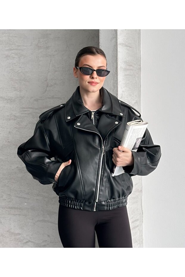 Brand Model New Season Leather Jacket with Elastic Waist Detail