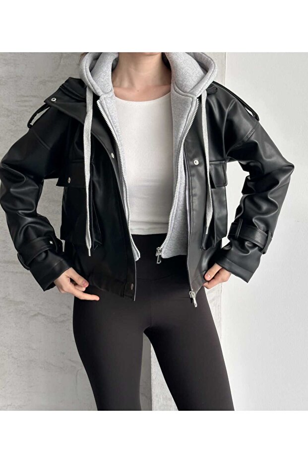 New Season Hooded Detailed Leather Jacket