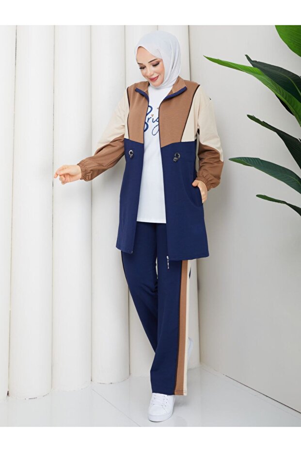 طقم رياضي نسائي من 3 قطع مصنوع من القطن بخيطين n-05497 _ أزرق داكن