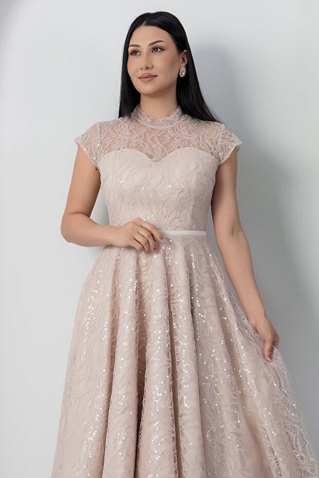 Bisiklet Yaka Gloplu Pul Payet Dantel Elbise BAL169 - 2