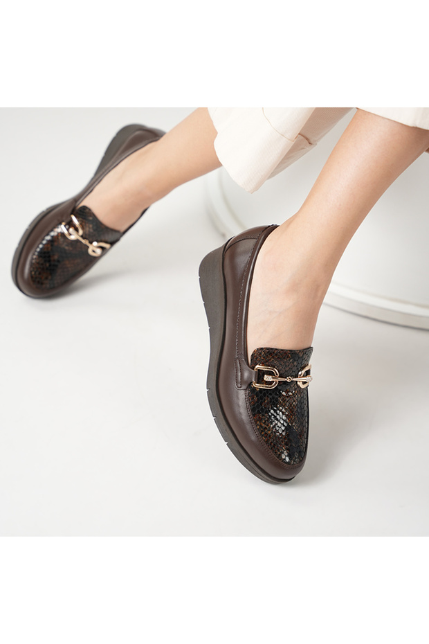 Pena Bitter Brown Snake Print Real Leather Women's Casual Shoes