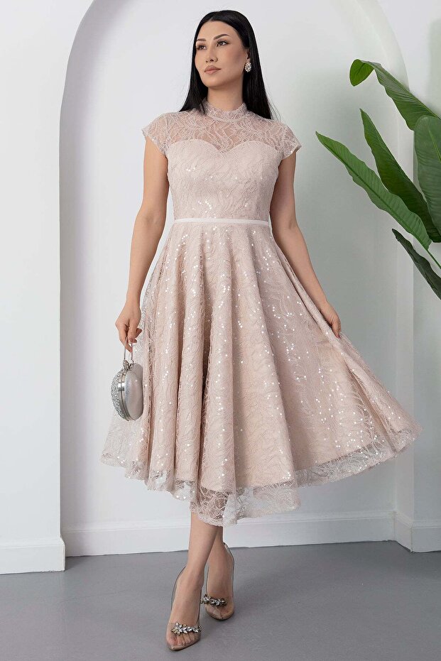 Bisiklet Yaka Gloplu Pul Payet Dantel Elbise BAL169 - 1