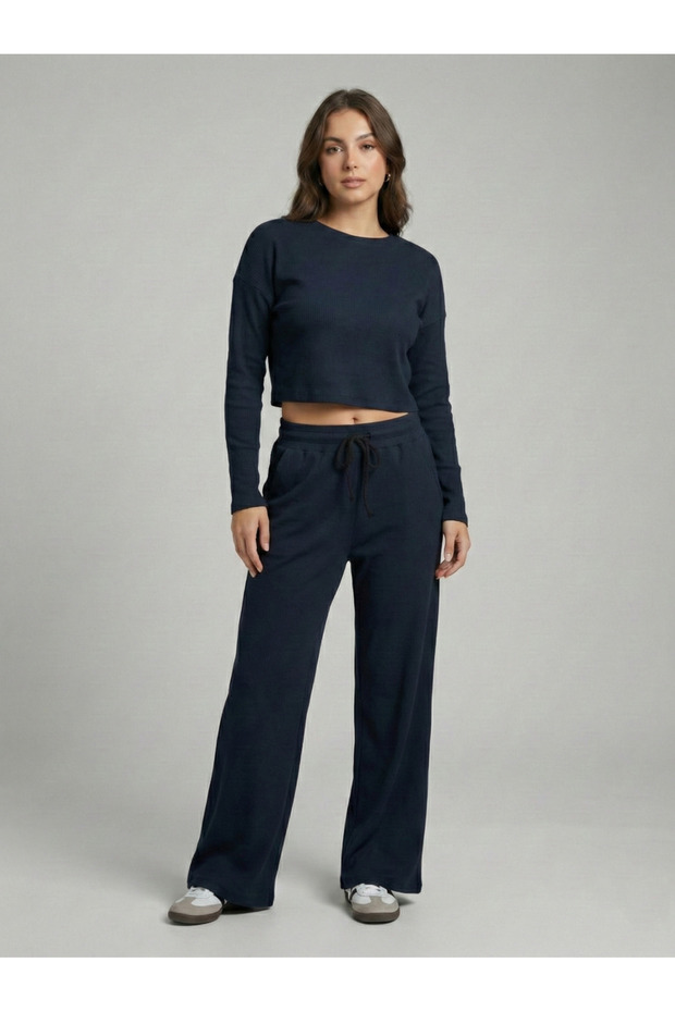 Women's Navy Blue Corded Top and Bottom Two-Piece Set Nj106