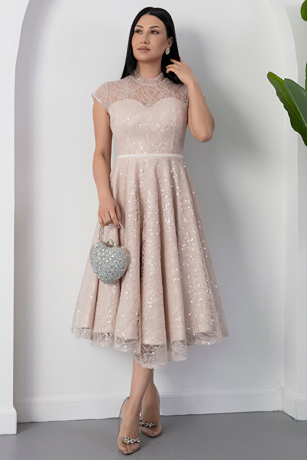 Bisiklet Yaka Gloplu Pul Payet Dantel Elbise BAL169 - 3