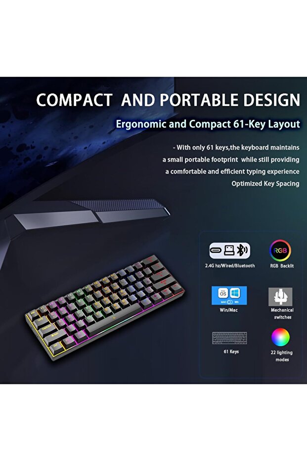 لوحة مفاتيح ميكانيكية لاسلكية ثلاثية الأوضاع بتقنية بلوتوث (2.4 جيجا هرتز/بلوتوث/USB-C)، تدعم منصات متعددة (رياح) - 6
