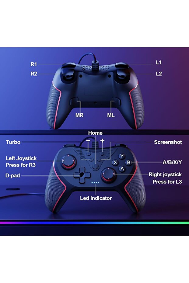 وحدة تحكم بأسلاك للكمبيوتر مزودة بزرين لتعيين الوظائف، وخاصية اهتزاز قابلة للتعديل، و3 سرعات توربو، متوافقة مع - 7