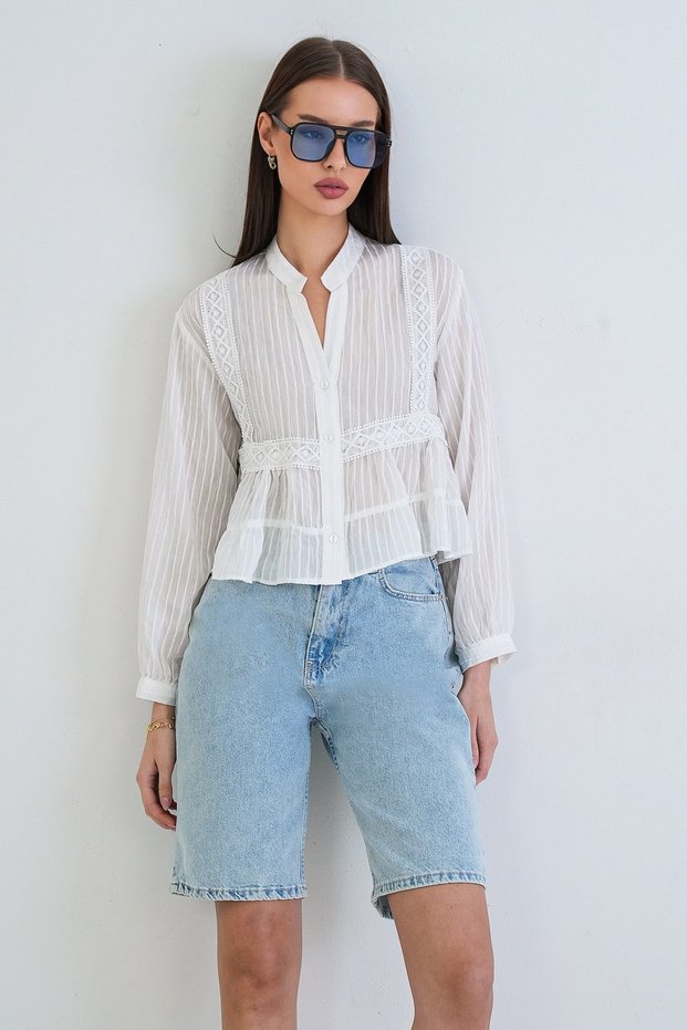 White Hakim Collar Lace Detailed Dobby Crop Shirt Alc-X15370