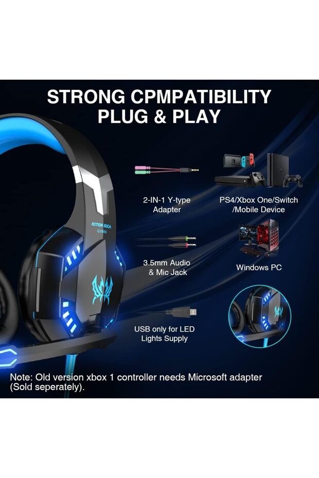 سماعة رأس للألعاب من فيرجن تك G2000 مع تحكم في مستوى الصوت، لون أزرق - 2