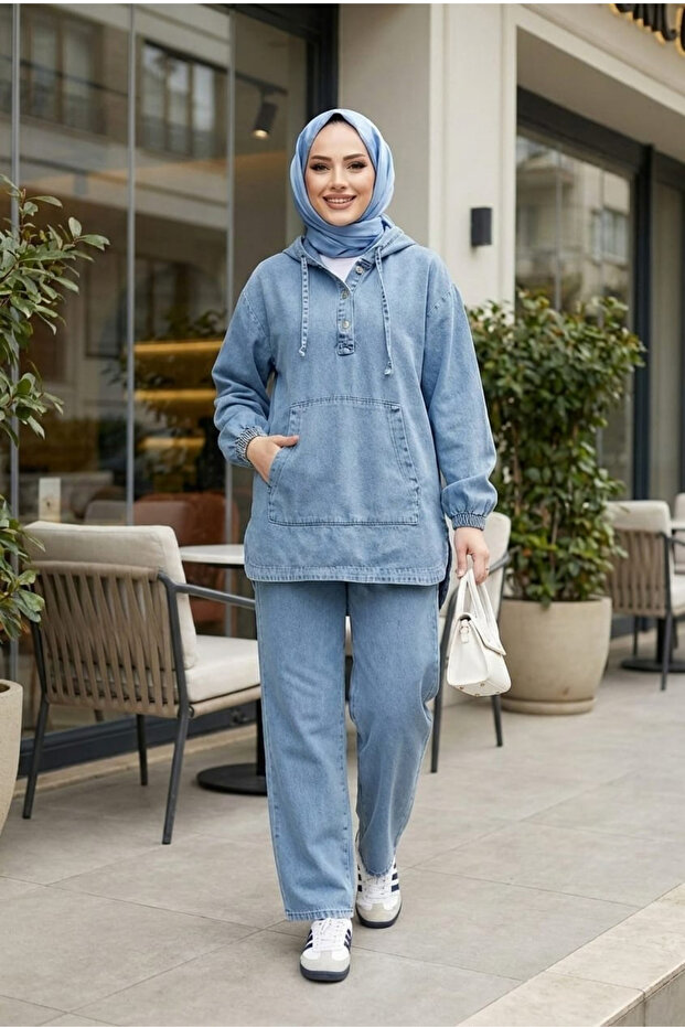 Women's Hooded, Buttoned and Pocketed Light Denim Blue Tunic Pants Two-Piece Set