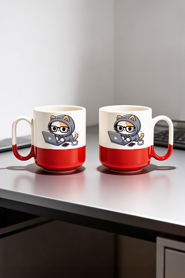 كوب برو مطبوع من السيراميك بتصميم قطة الكمبيوتر سعة 330 مل - 3