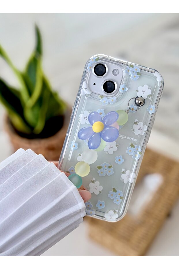Blue Flower Design Flexible Silicone Case with Holder, Compatible with iPhone 15 - 14 and 13